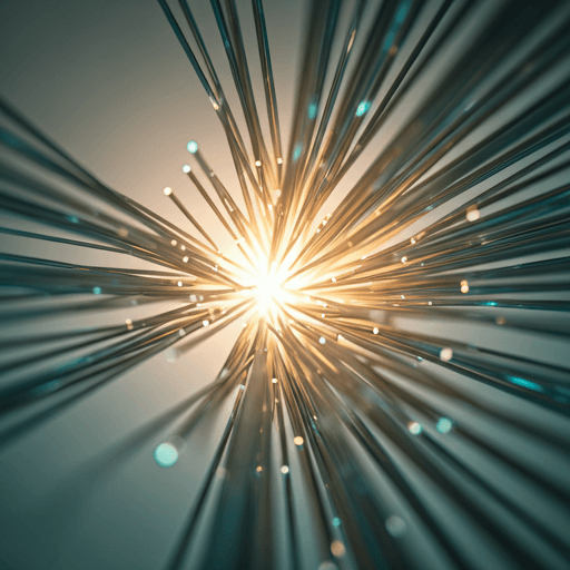 Fiber-optic cables as glowing neural pathways — teal and warm sand light against dark background