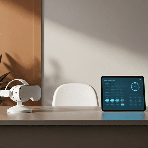 Clean clinic room with VR headset and provider dashboard tablet on desk — the LiberateOS session setup
