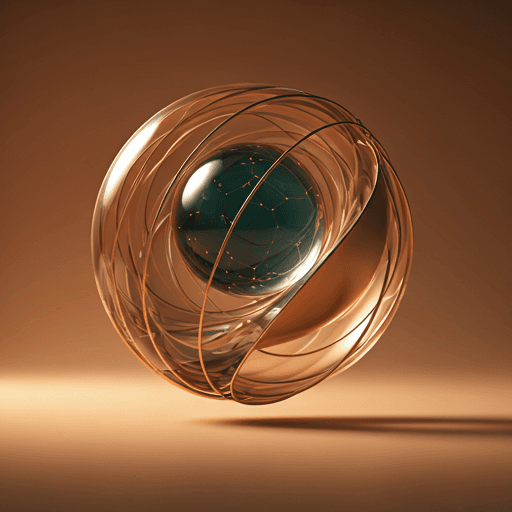 Glass sphere abstract representing secure data — warm sand-toned background, teal reflections